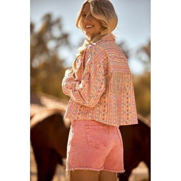 ANDREE BY UNIT Jackets & Blazers - Andree By Unit Savanna Jane Denim Diamond Fringe Aztec Jacket S-L J10126 sale!